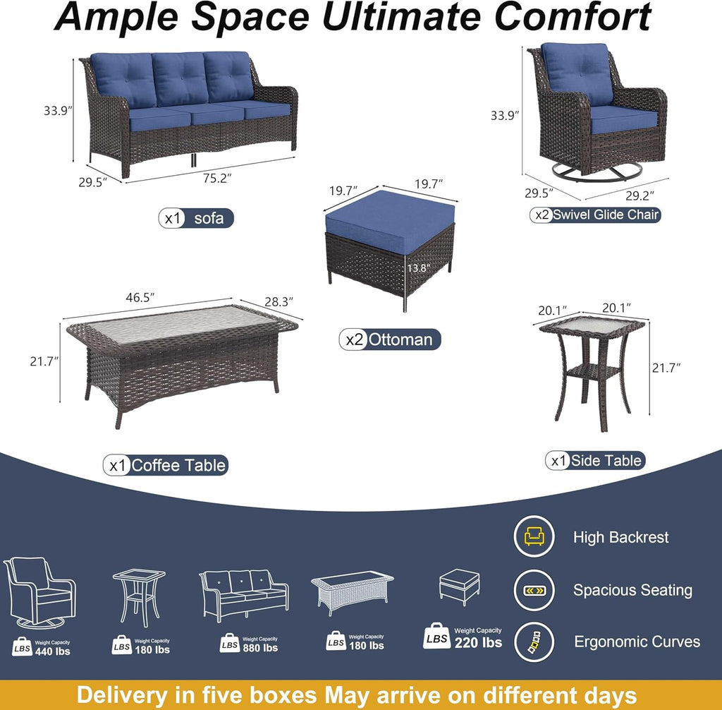 7‑Piece Dark Blue Wicker Patio Conversation Set