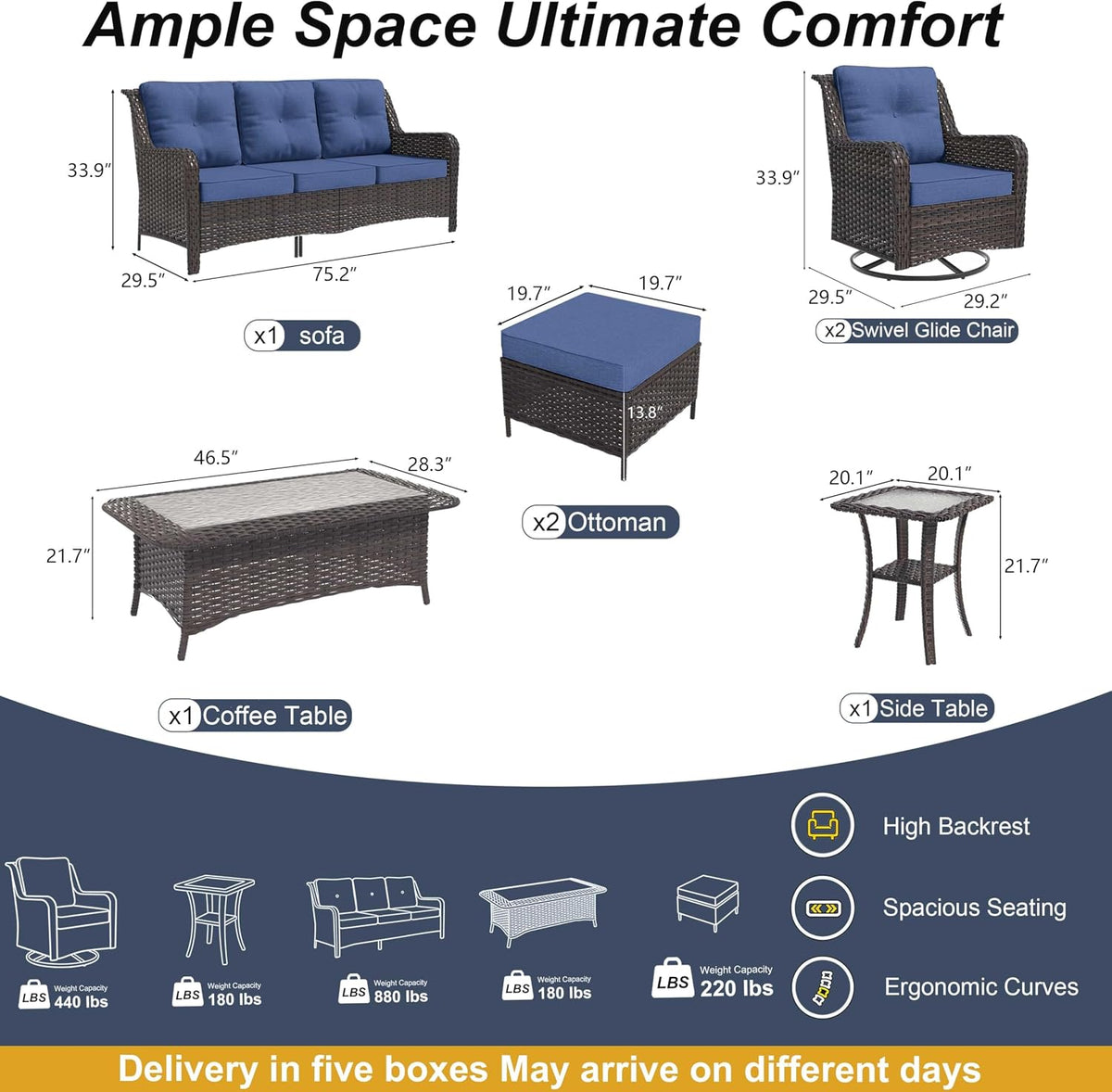 7‑Piece Dark Blue Wicker Patio Conversation Set