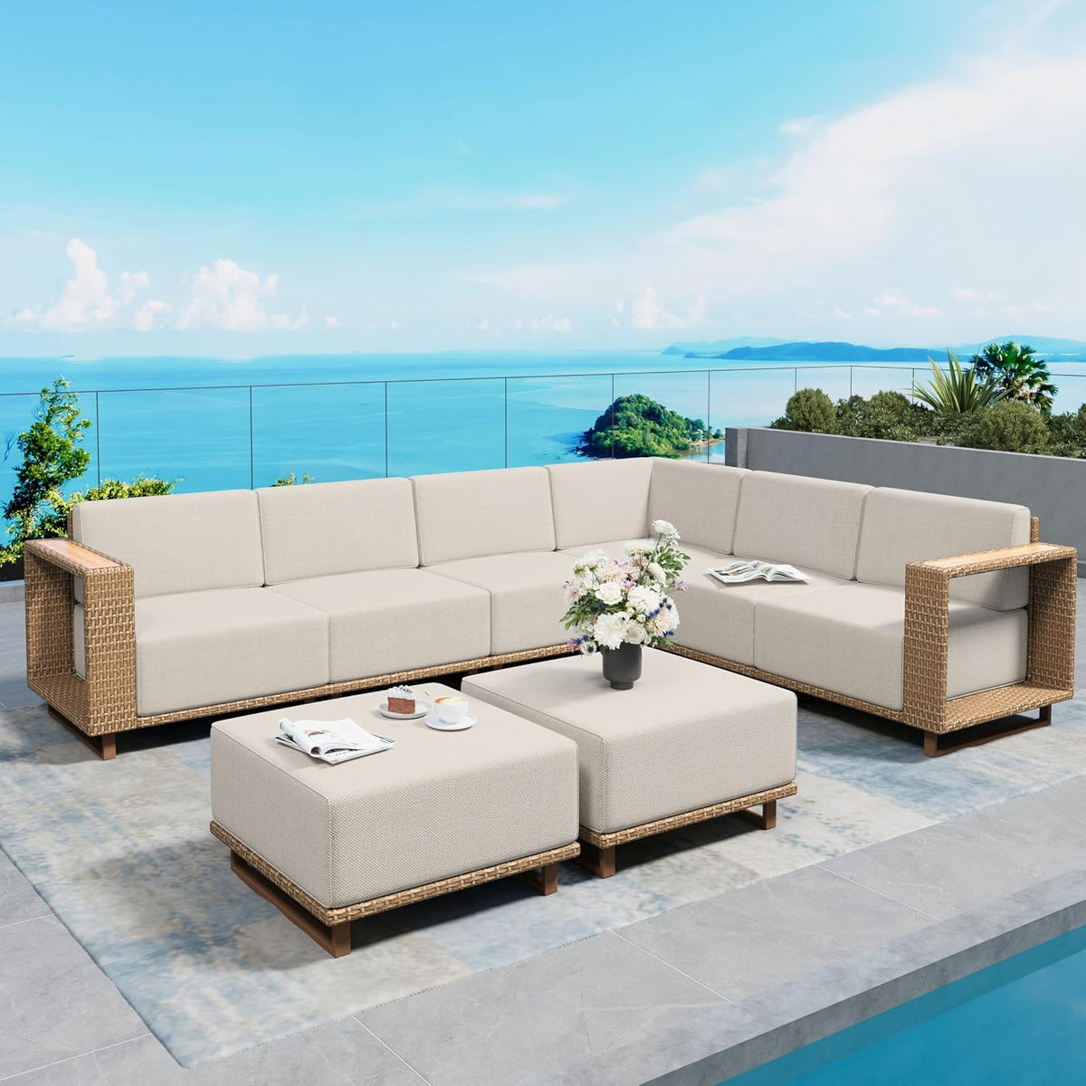8‑Piece Beige Thick‑Cushion Patio Sectional Set