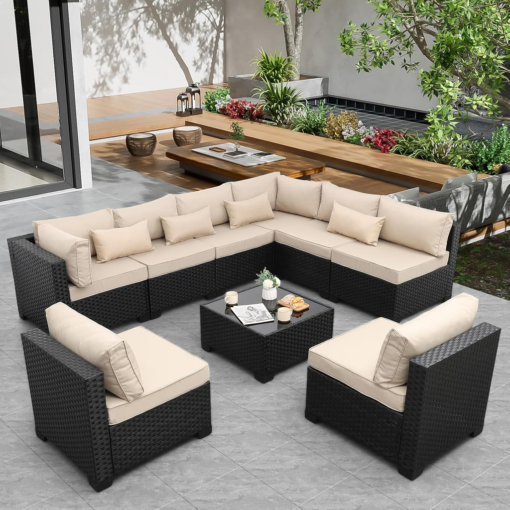 9‑Piece Khaki Wicker Patio Furniture Set