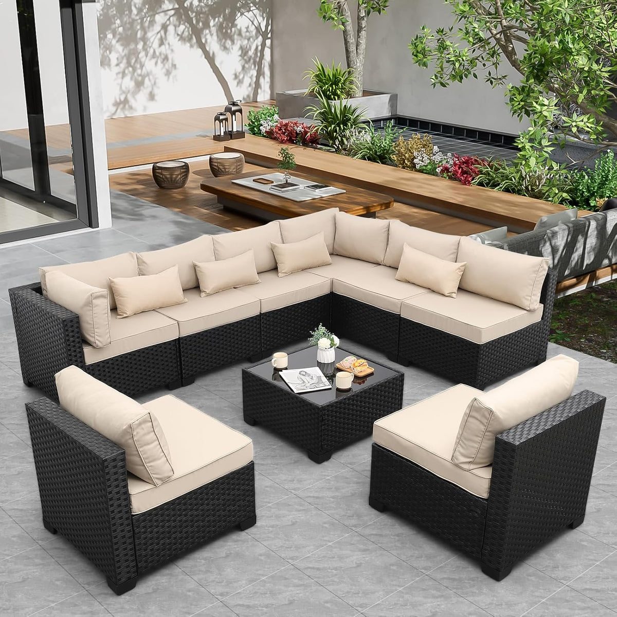 9‑Piece Khaki Wicker Patio Furniture Set