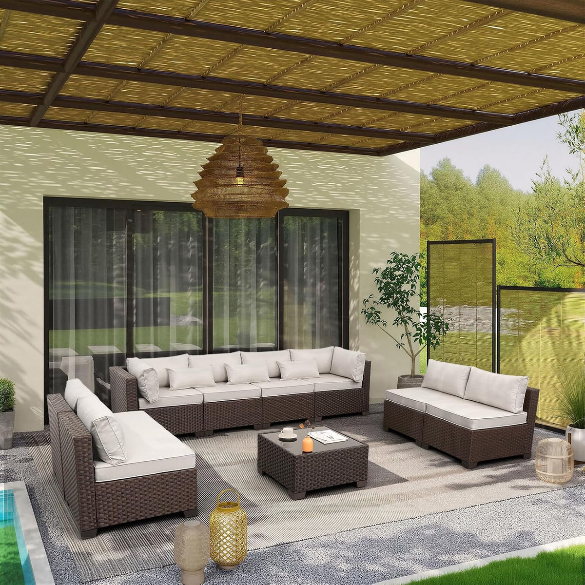 9‑Piece Brown HDPE Wicker Patio Furniture Set