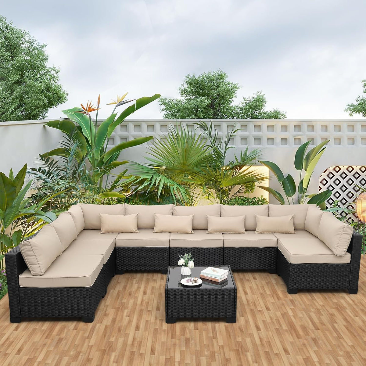 9‑Piece Khaki Wicker Patio Furniture Set