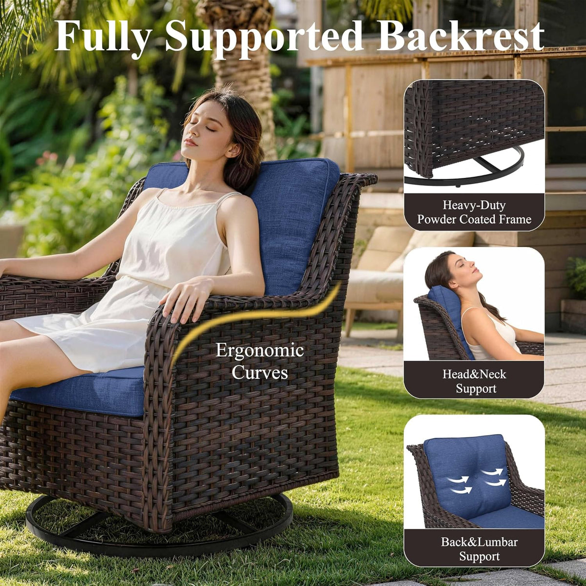 7‑Piece Dark Blue Wicker Patio Conversation Set