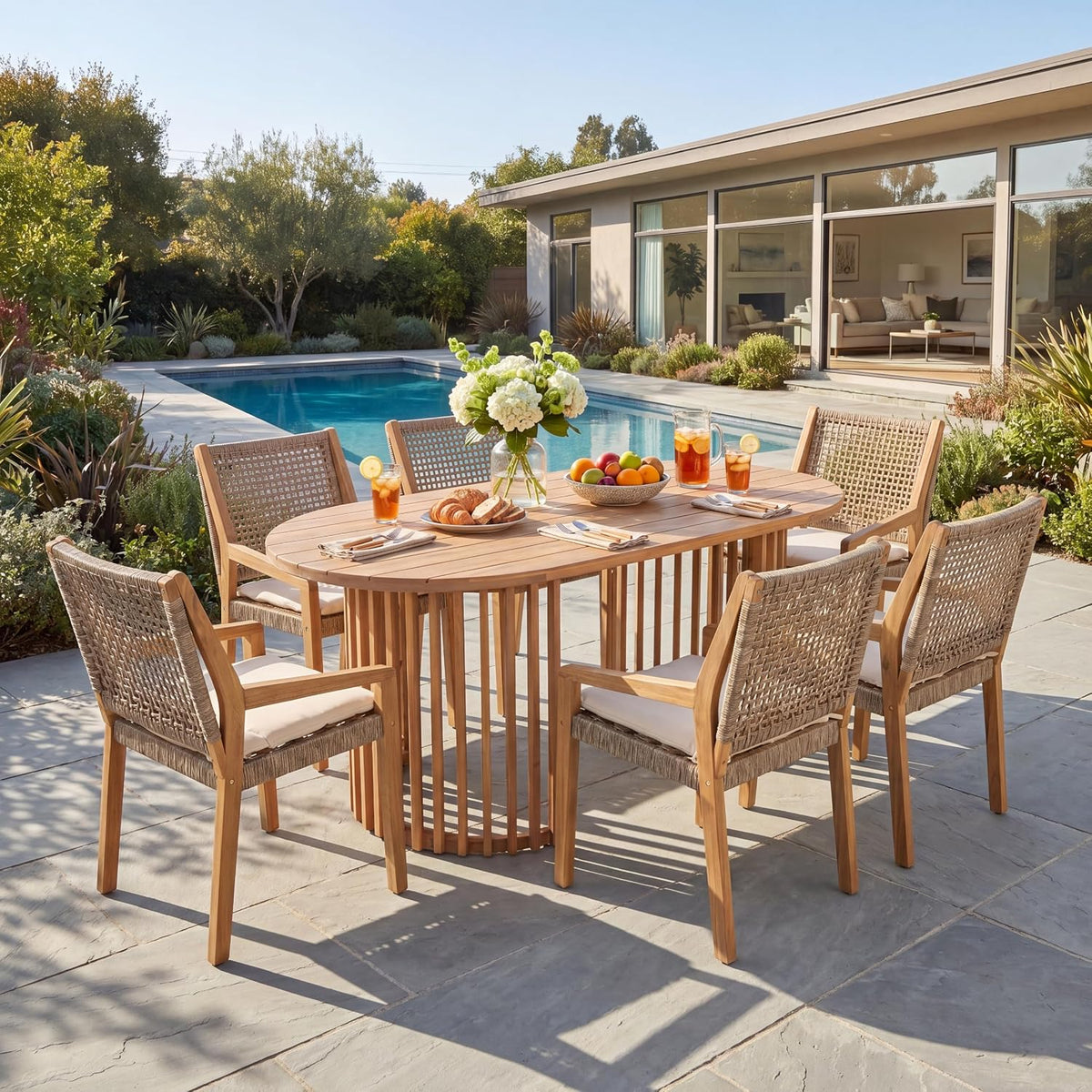 7‑Piece Light Teak Acacia Patio Dining Set