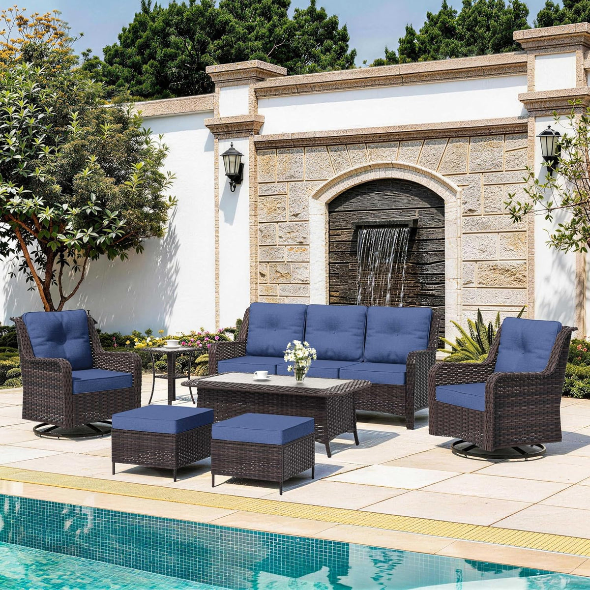 7‑Piece Dark Blue Wicker Patio Conversation Set