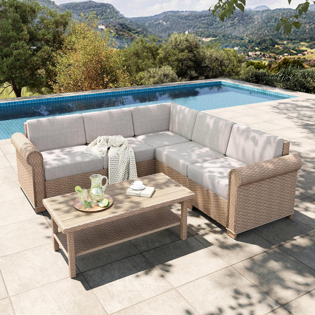 6‑Piece Beige Wicker Patio Furniture Set